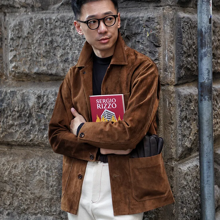 CM那不勒斯皇后棕咖色非洲头层绵羊翻绒羊皮五袋工装翻领夹克