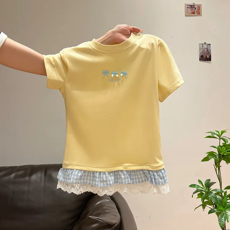 拉夏贝尔ins字母绣花短袖T恤女夏季拼接格纹蕾丝边裙摆正肩小上衣