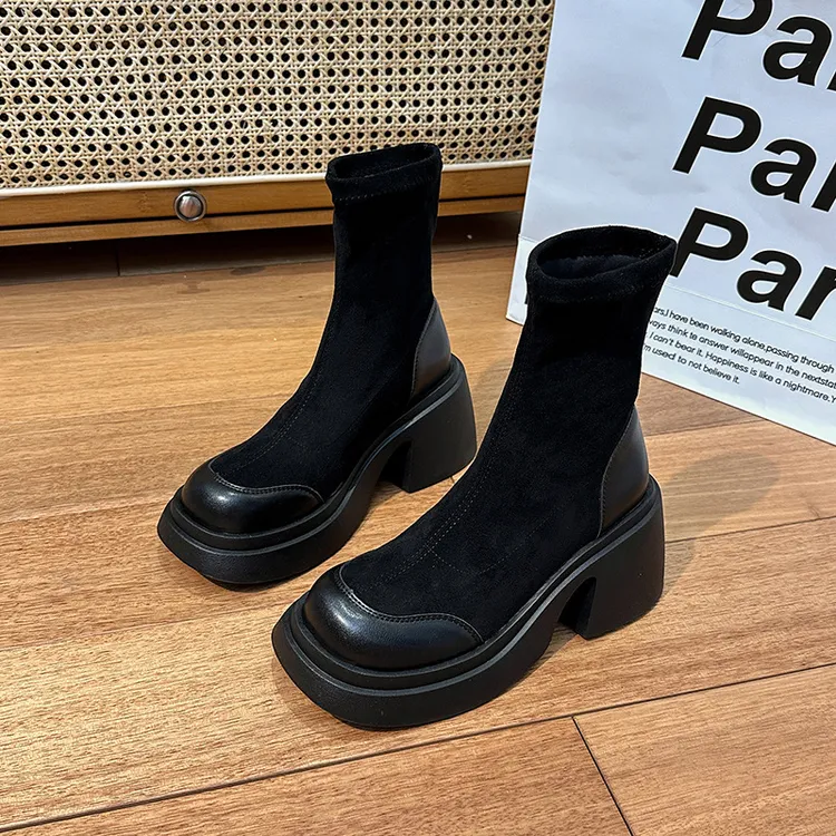 洋气高跟绒面短靴女2024秋冬新款百搭厚底马丁套筒袜靴弹力瘦瘦靴