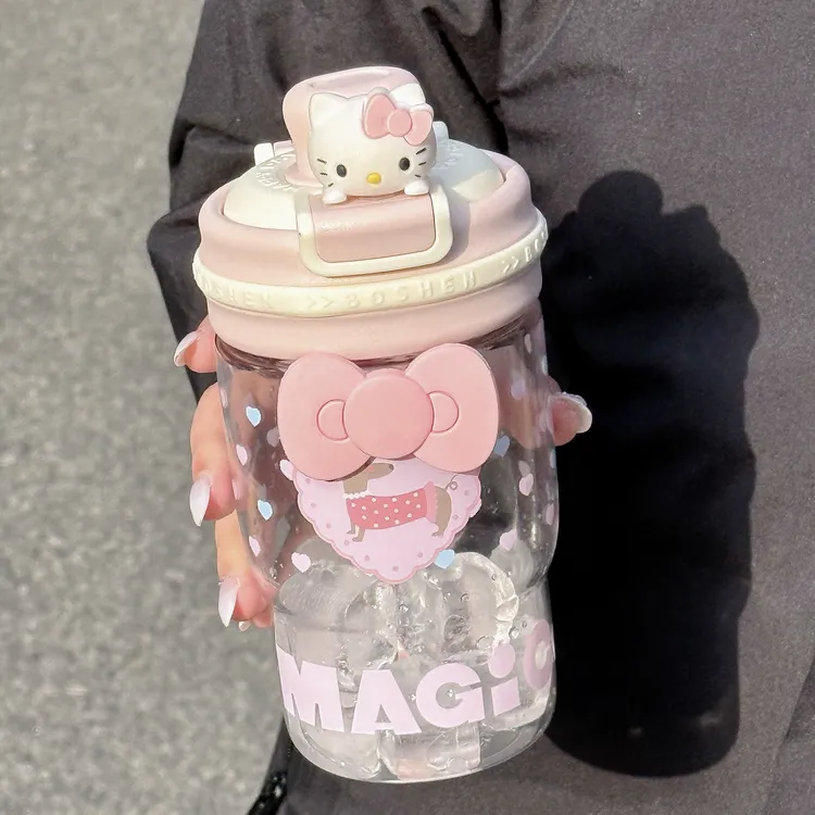 kitty吸管杯tritan塑料水杯带茶隔可爱少女杯子高颜值泡茶果汁杯