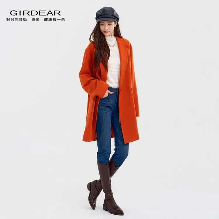 GIRDEAR/哥弟秋冬新款时尚宽松气质毛呢西装领中长款外套女140063