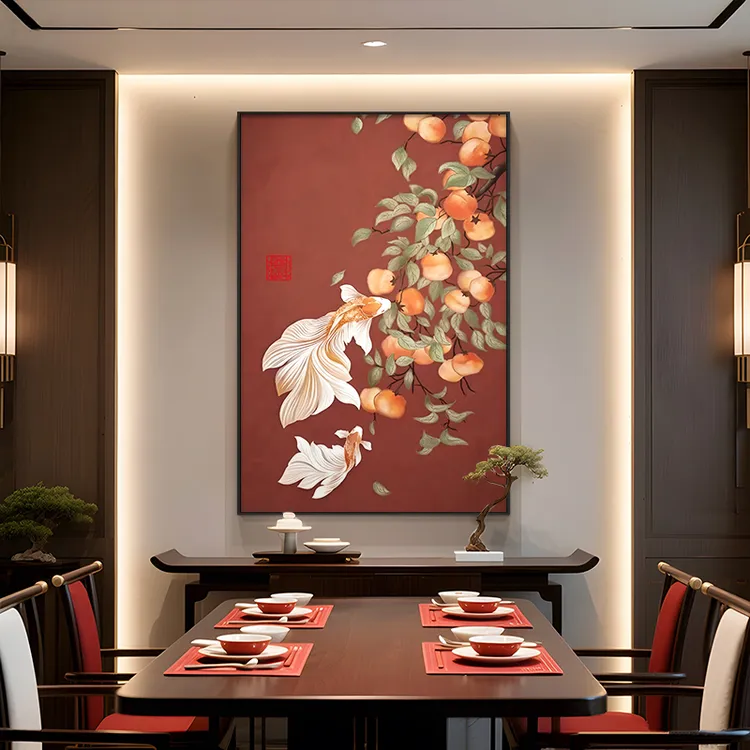 金玉满塘餐厅背景墙装饰画红色好寓意入户玄关挂画高级感茶室壁画