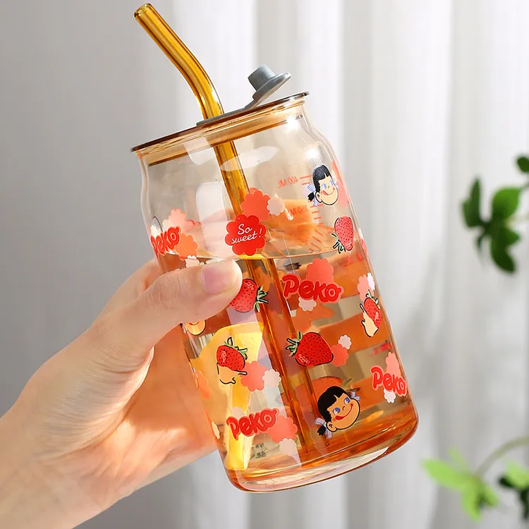 网红卡通贴花可乐杯带盖带吸管ins卡通高颜值印花玻璃杯可爱水杯