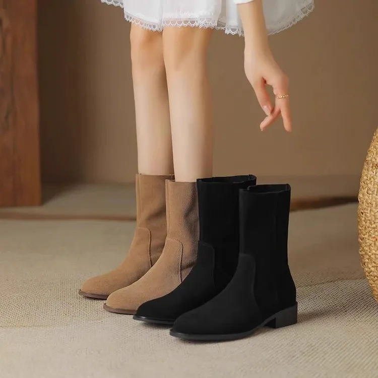 3.5丨英伦磨砂中筒靴女粗跟2025秋冬新款中跟翻毛皮短靴马丁靴