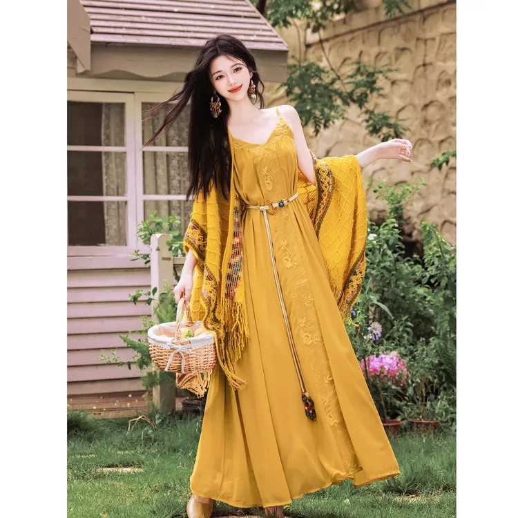 南法度假风连衣裙夏季新款女今年流行漂亮套装裙海边旅游套装裙