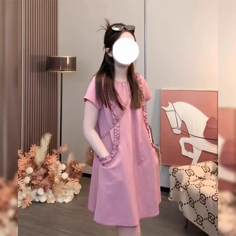 多巴胺粉色圆领短袖连衣裙女2025年夏季新款慵懒风宽松显瘦短裙子