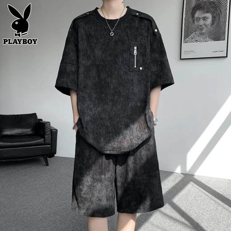 花花公子美式扎染运动套装男士夏季潮流宽松肌理感短袖短裤两件套