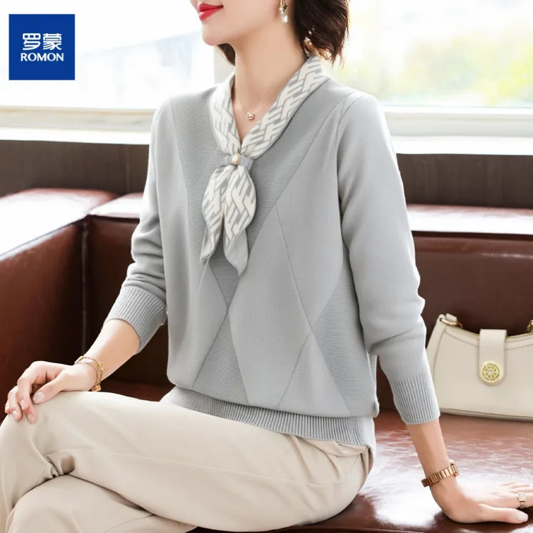 罗蒙洋气妈妈装小衫上衣秋装新款打底衫中老年女装宽松长袖针织衫