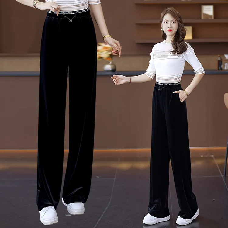法式2025春秋休闲宽松长裤女装显瘦裤洋气高腰时尚复古金丝绒女裤