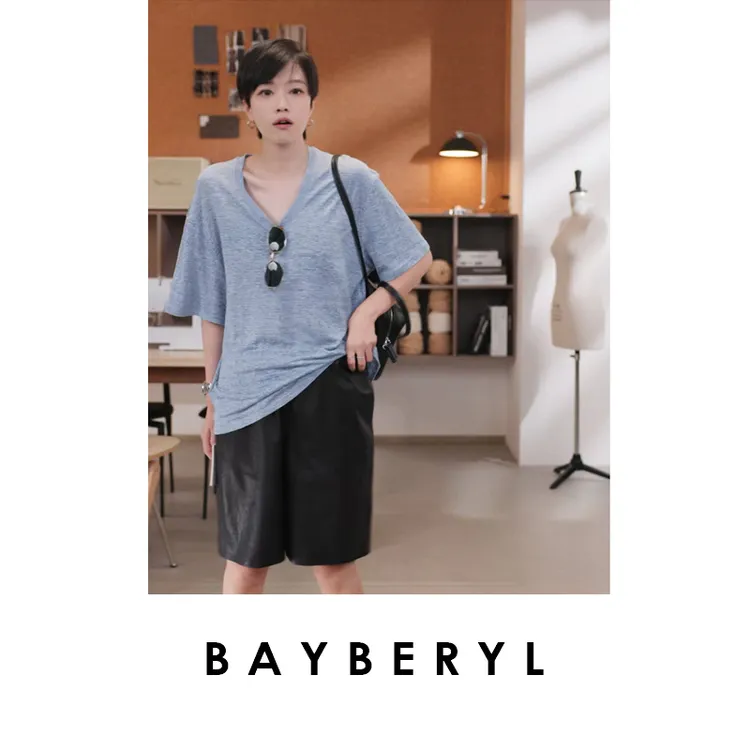 CC09-BAYBERYL老贝粉蓝V领亚麻透气舒适25夏百搭短袖T恤NT5G2321-