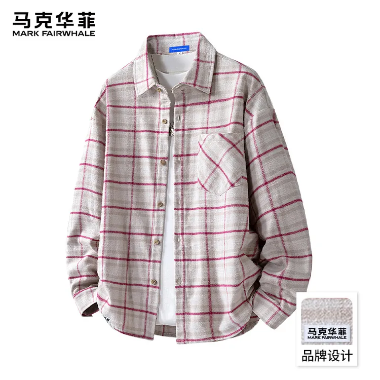 马克华菲日系复古格子长袖衬衫男春秋款宽松舒适百搭休闲格纹上衣
