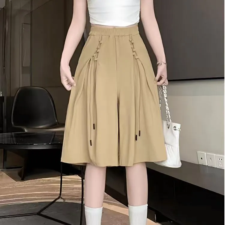 时尚休闲薄款过膝抽绳七分裤裙女2025夏季新款高腰显瘦阔腿裤女