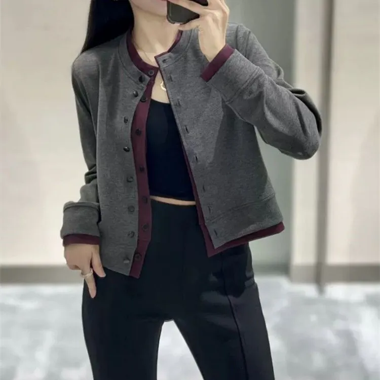 2025春季新款圆领长袖修身外套女韩版时髦拼接撞色高级感短款上衣