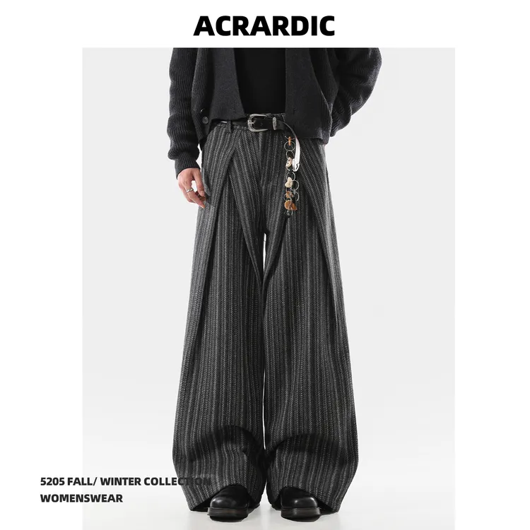 ACRARDIC潮牌设计感打褶条纹休闲裤男士美式宽松阔腿呢料裤子秋冬