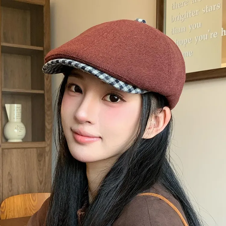 日系复古棕色前进帽女大头围显脸小报童帽文艺百搭反戴贝雷帽子潮