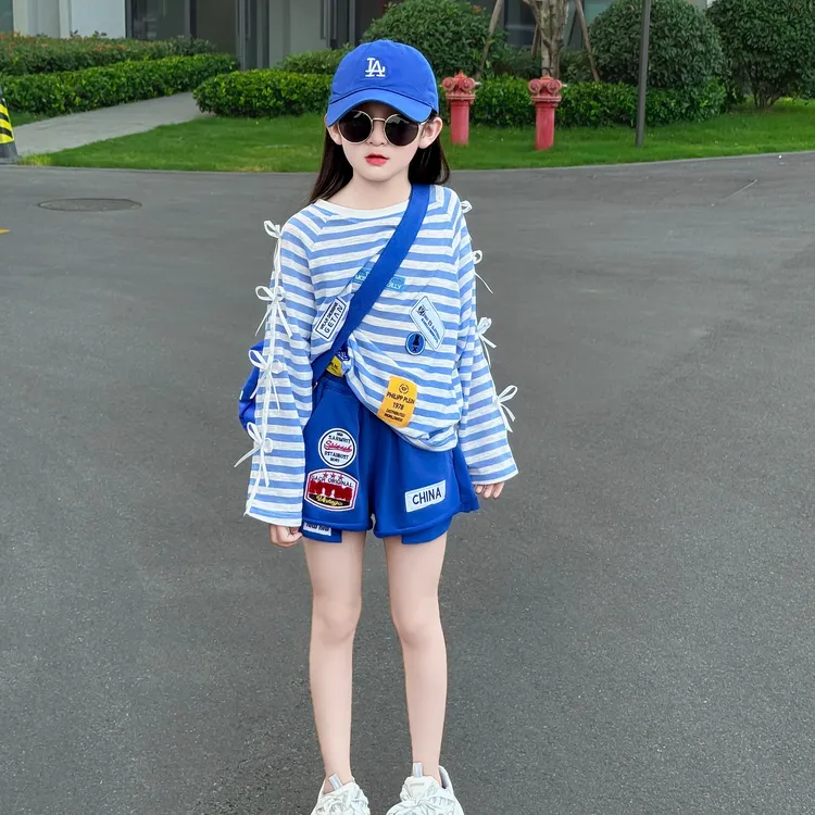 女童夏季2025新款韩版休闲条纹帖标防蚊防晒衣休闲宽松短裤套装潮