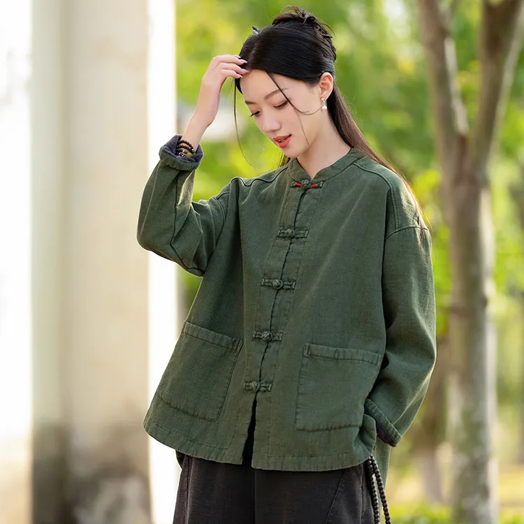 25默念依旧原创布衣加厚夹棉外套女冬季苎麻砂炒中式复古对襟棉衣