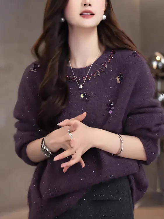 秋冬季新款大码复古风钉珠轻奢亮片毛衣慵懒风软糯加厚针织衫上衣