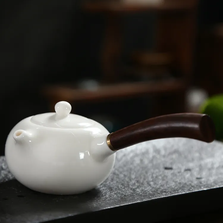 羊脂玉侧把壶盖碗家用纯白茶壶带木柄防烫泡茶壶陶瓷单瓷壶