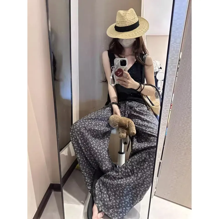 夏日清凉小碎花垂感松弛感抽绳休闲长裤女宽松慵懒风阔腿裤拖地裤