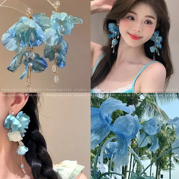 合金耳饰 夏日蓝色花朵流苏耳环2025新款绝美夸张海边度假风耳饰