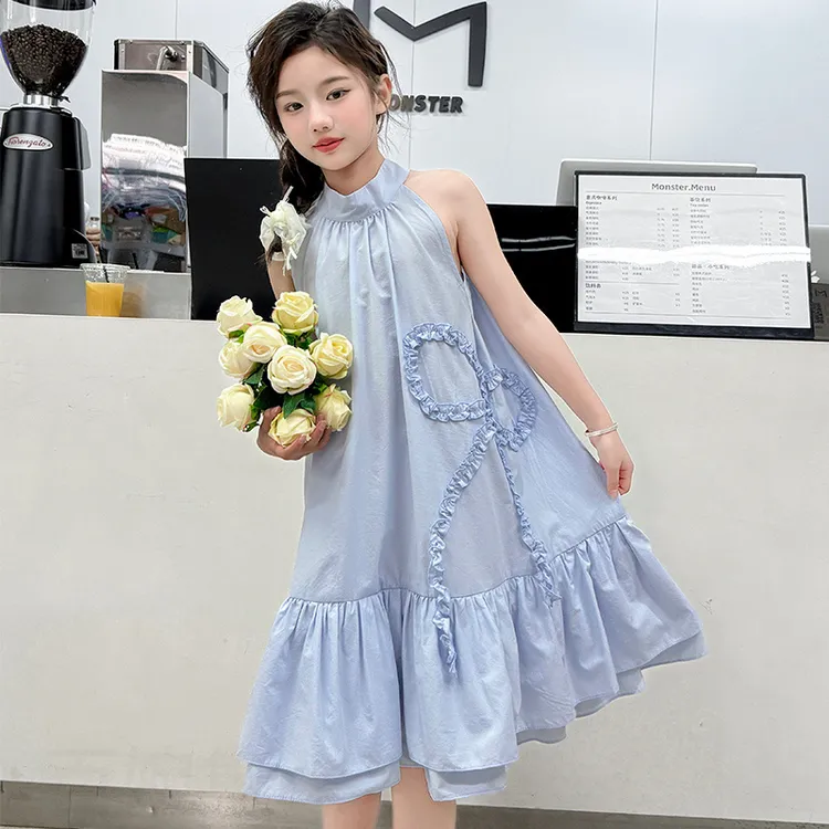 海边度假气质童装饰边蓝色无袖亲子长裙夏季连衣纯色裙子