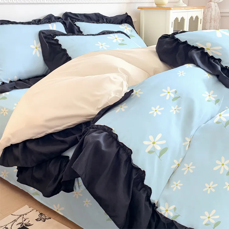 田园风栀子花开加厚磨毛床上用品三四件套被套床单床笠款黑色花边
