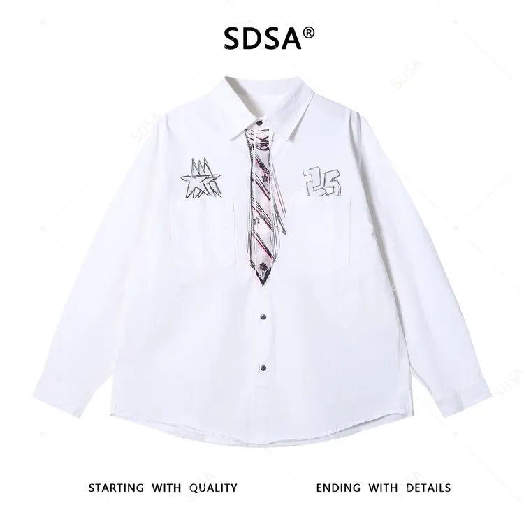 SDSA男士秋冬新款痞帅男装潮牌涂鸦领带数字翻领长袖衬衫百搭衬衣