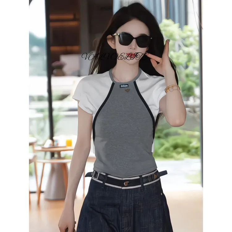 撞色插肩短袖t恤女夏季2025新款洋气减龄百搭小个子修身短款上衣