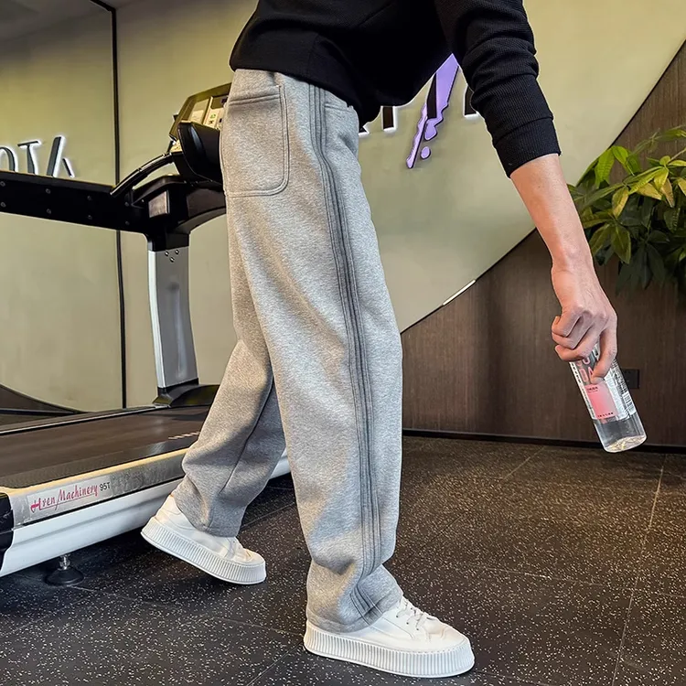 优桓条纹男士运动卫裤潮流直筒宽松裤子2025新款秋季灰色休闲裤男