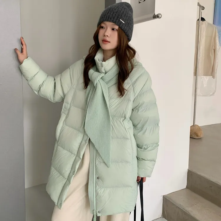 巨好看假两件羽绒服女中长款2025冬装针织帽可拆90白鸭绒保暖外套