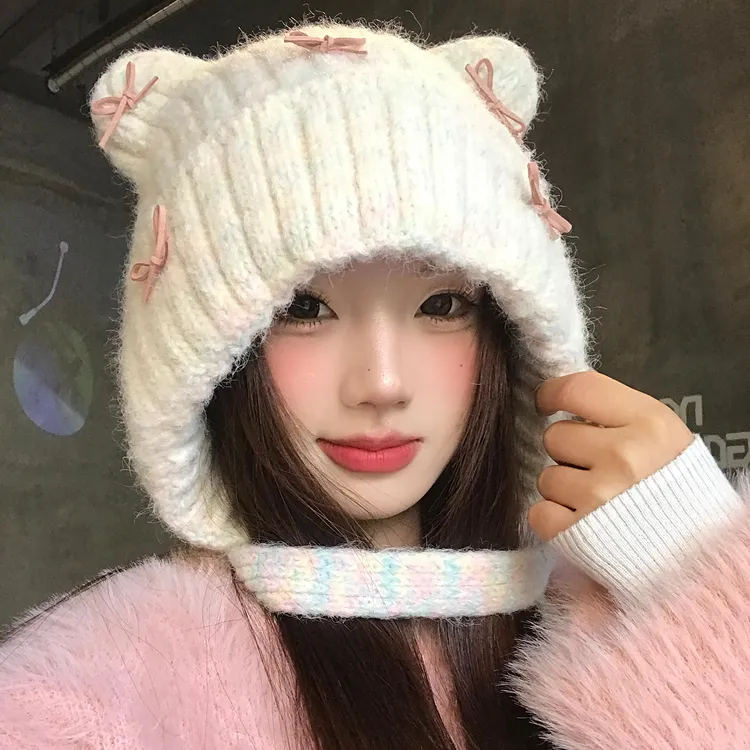 可爱猫耳朵蝴蝶结针织毛线帽女秋冬季保暖加厚防寒显脸小护耳帽子