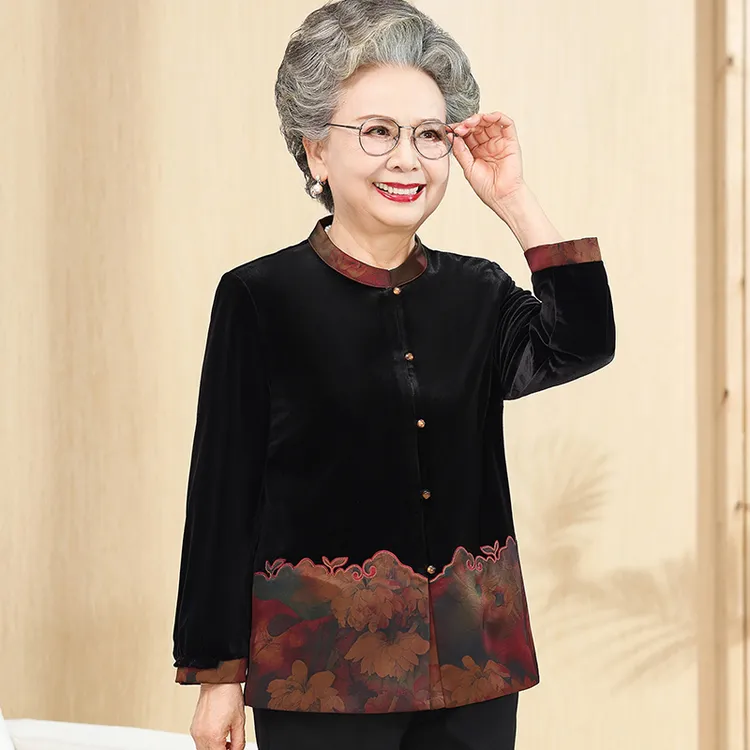 老太太春装长袖衬衫金丝绒上衣富贵奶奶春秋天薄外套老年妈妈衣服