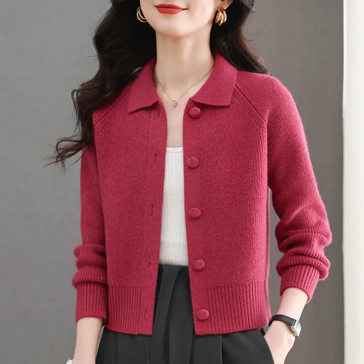 【原版正品】羊毛衫女翻领春秋短款针织开衫小个子玫红色毛衣外套厚