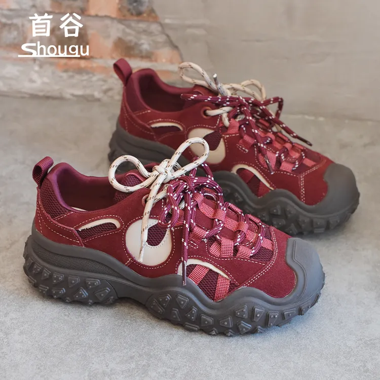 shougu/首谷增高厚底红色老爹鞋女2025新款防滑休闲登山运动鞋潮