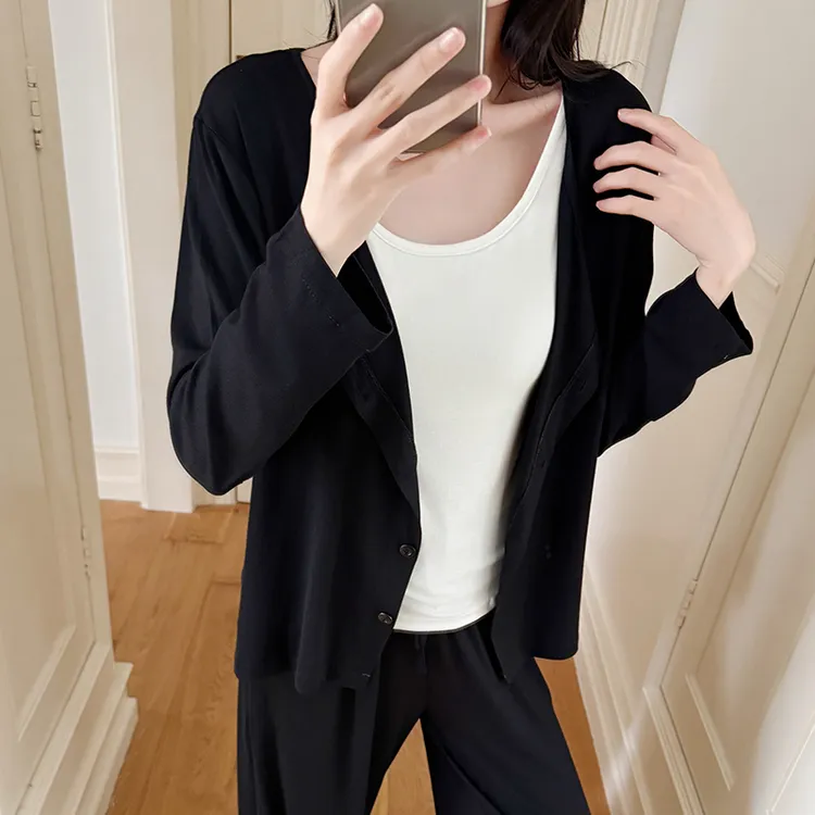 人棉拉架带胸垫睡衣女秋冬季开衫薄款长袖长裤春款家居服三件套装