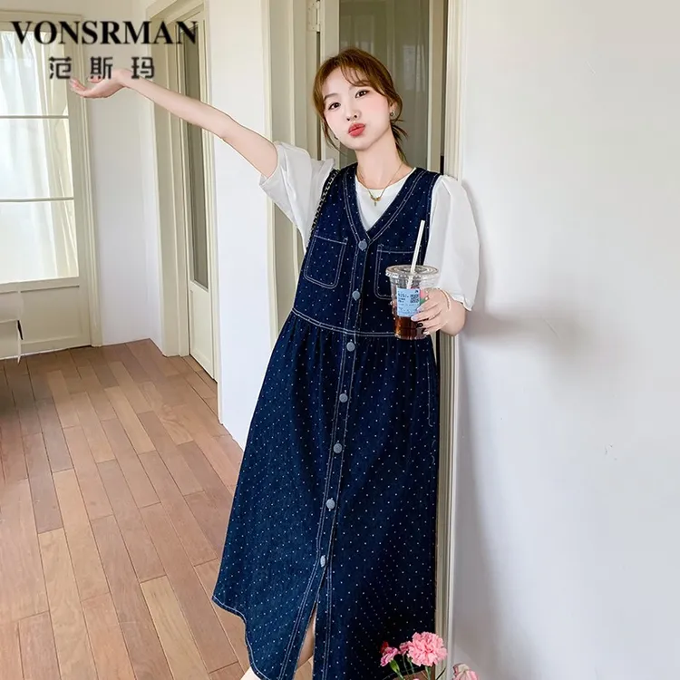 独特漂亮波点无袖牛仔连衣裙套装女夏季气质显瘦V领背心裙两件套