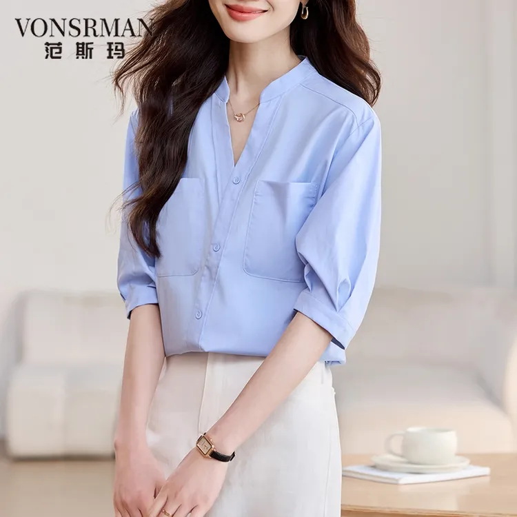 法式V领蓝色短袖衬衫女夏季新款薄款时尚气质翻领衬衣五分袖上衣v