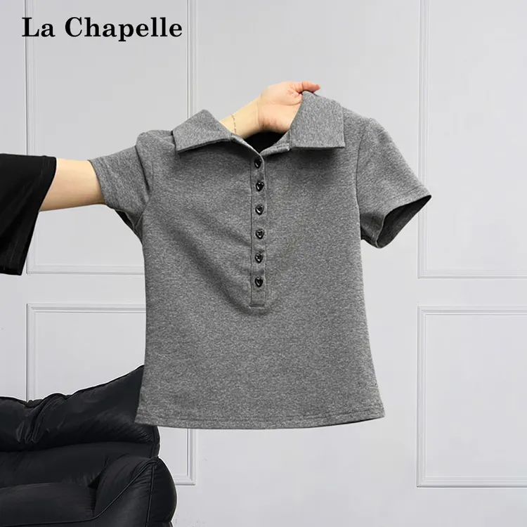 拉夏贝尔高级灰polo翻领正肩短袖T恤女夏简约纯欲内搭打底衫上衣