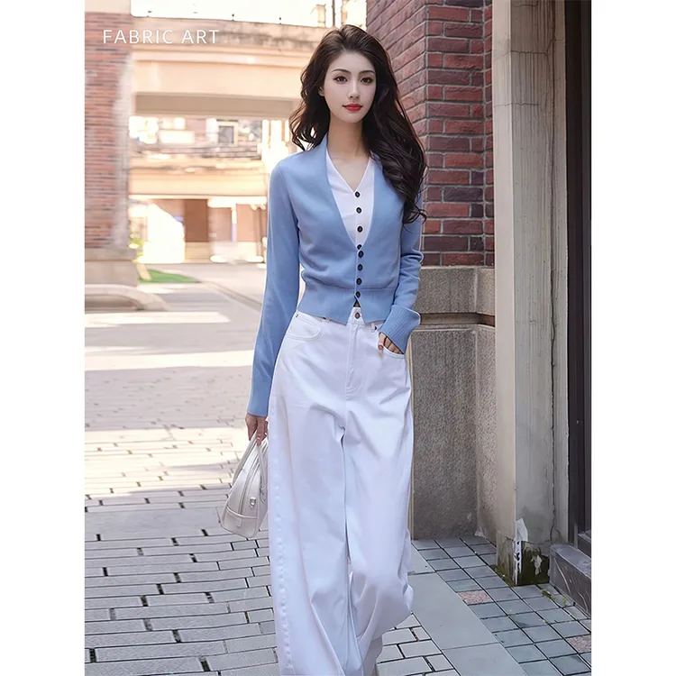 秋装搭配一整套高级感收腰显瘦假两件蓝色长袖针织上衣阔腿裤套装