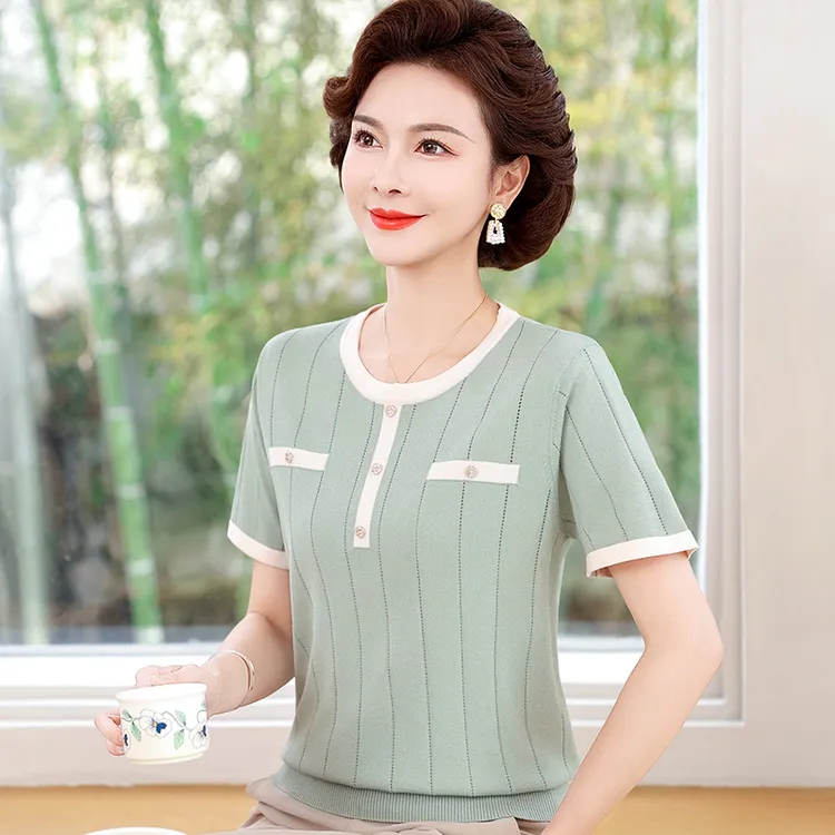 妈妈夏装小香风短袖冰丝小衫中老年女装薄款针织上衣洋气百搭T恤