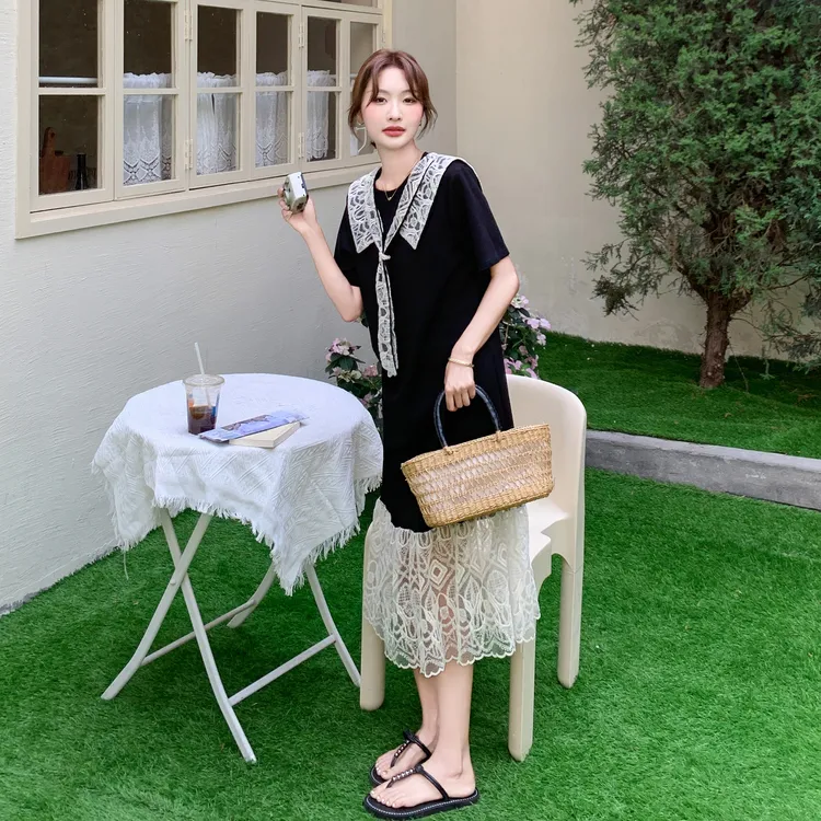 海军领黑色连衣裙女夏2025新款气质高级感法式蕾丝拼接中长款裙子