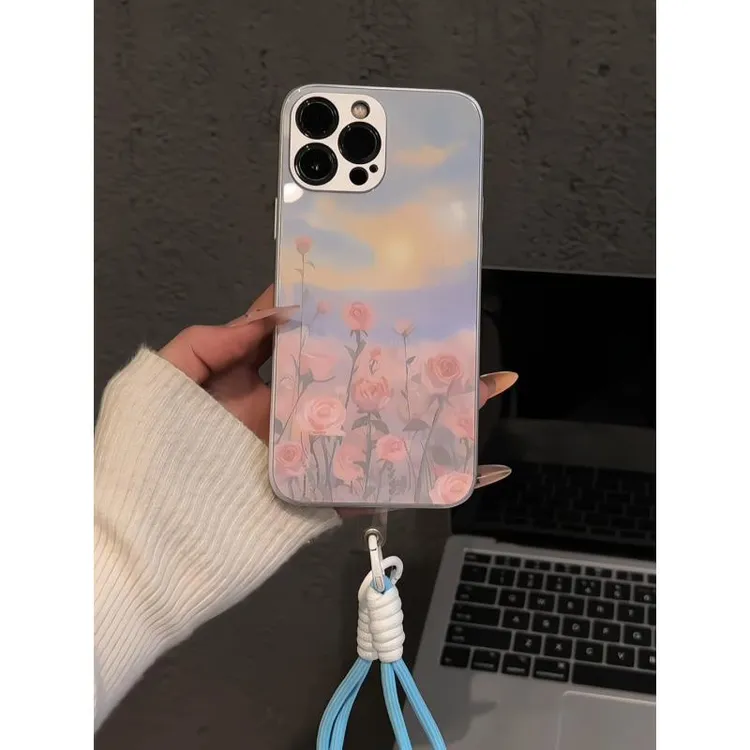 油画玫瑰花田适用苹果16pro创意iPhone15手机壳金属玻璃华为p小米