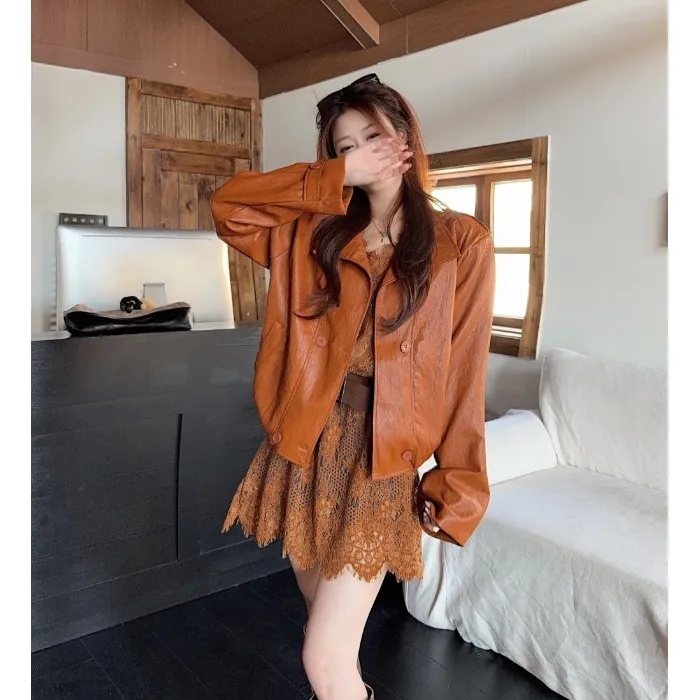 美式复古pu皮立领夹克外套女秋季宽松机车服上衣百搭气质皮衣开衫