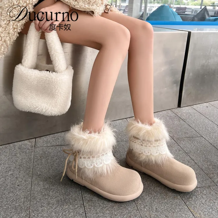 3CM中跟厚底雪地靴韩版2025冬季新款牛皮甜美舒适增高短筒女靴