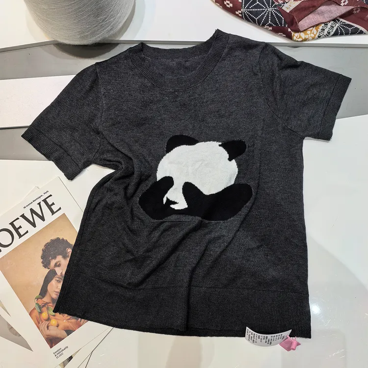 【羊毛桑蚕丝】卡通熊猫减龄薄款圆领短袖时尚百搭休闲针织衫T恤夏