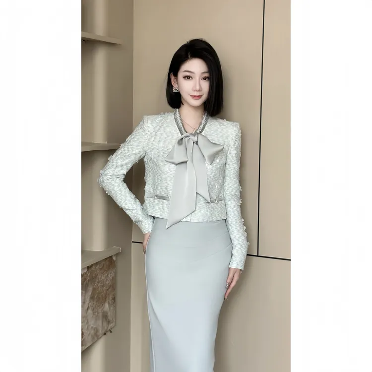 格娜【薄荷青提】春款轻奢洋气显瘦小香风套装裙两件套洋气衣服女