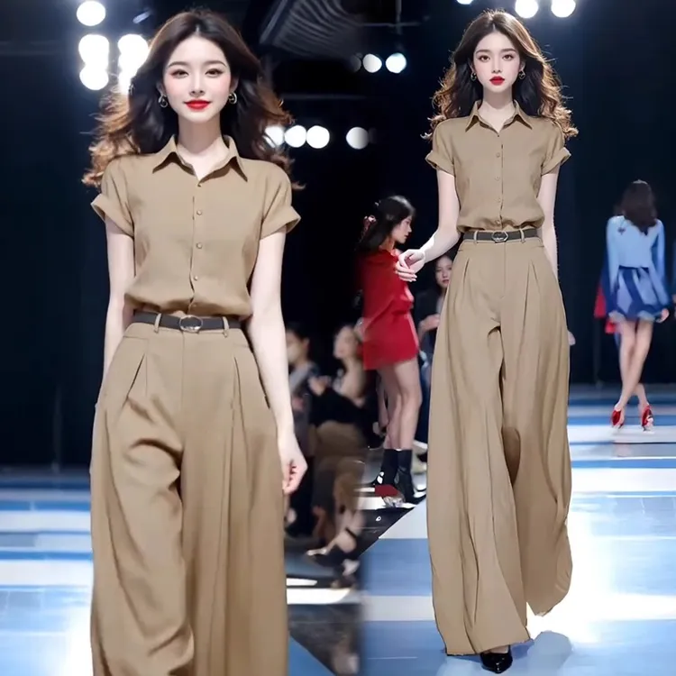 La babite时尚洋气套装女夏季新款短袖衬衫高腰阔腿裤气质两件套