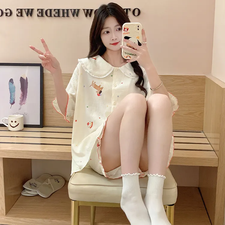 韩系睡衣女款夏季云朵棉开衫短袖可爱卡通夏天宽松少女家居服套装