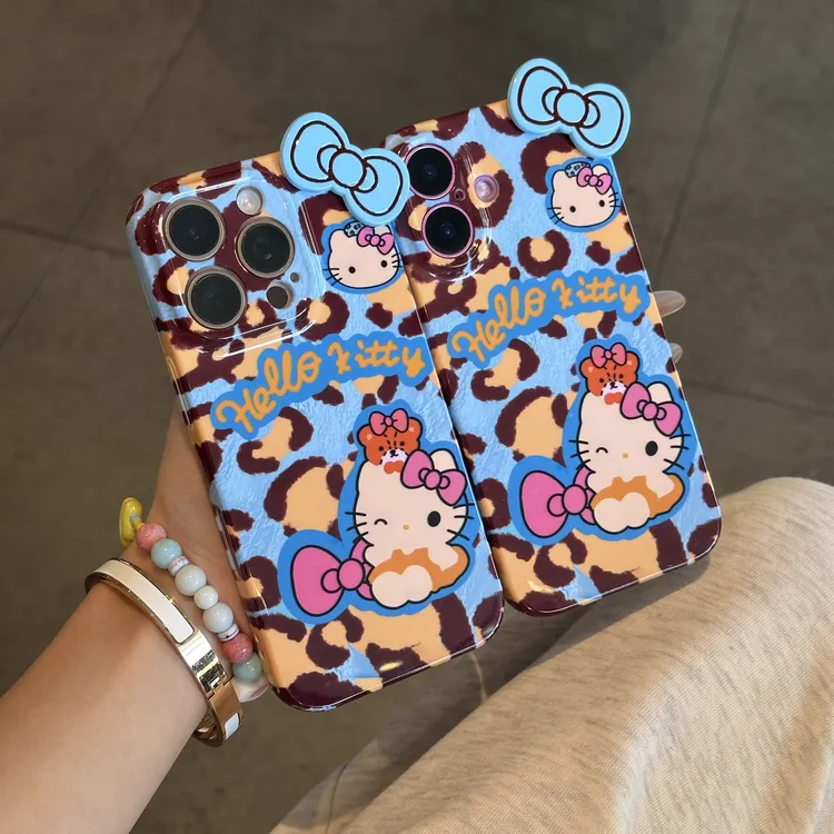 欧克里里雾蓝豹纹KT蝴蝶结适用苹果17手机壳华为P70vivo小米oppo
